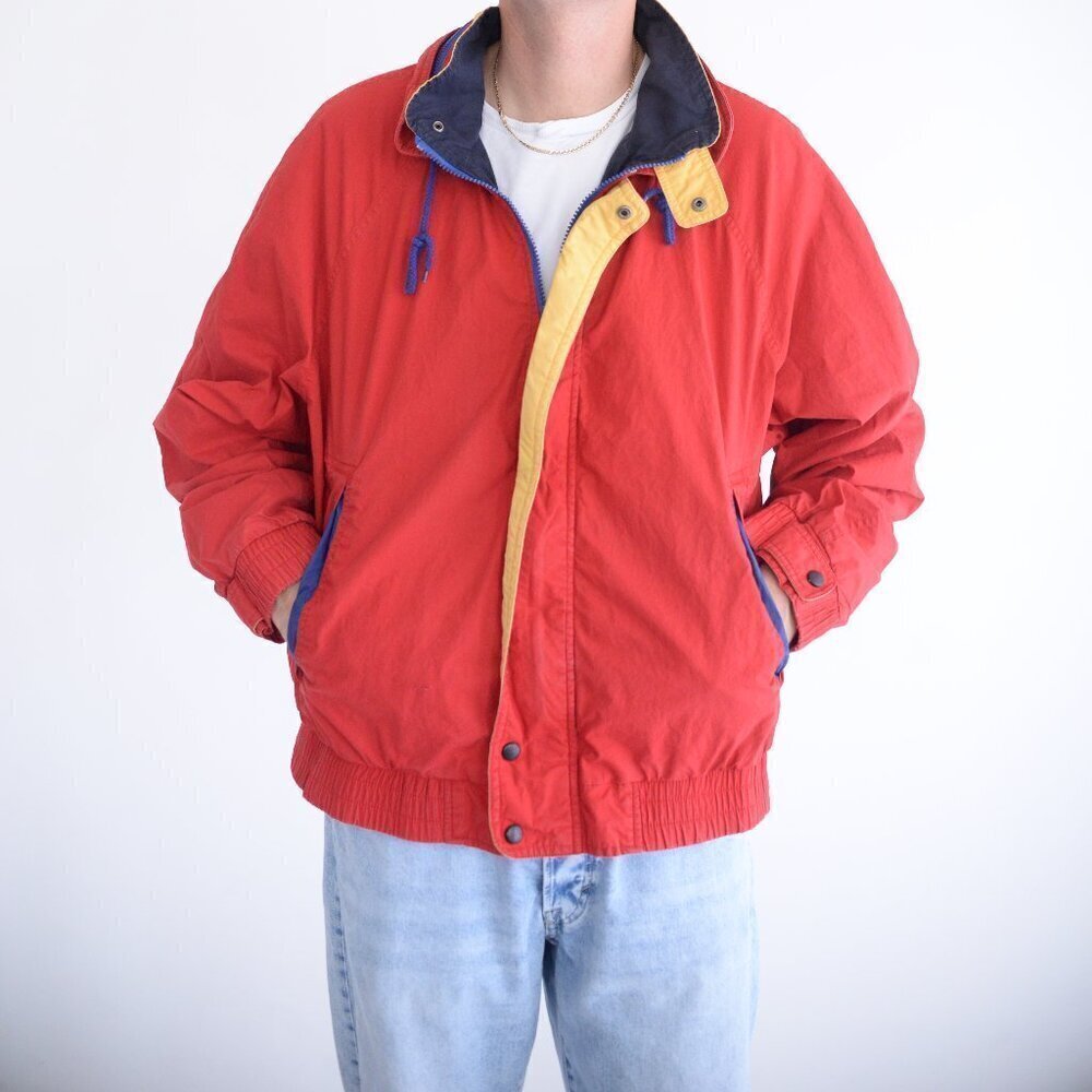 VTG Lewritter Beverly Hills Red Yellow Zip Up W/ Stowaway Hood Aviator Jacket M